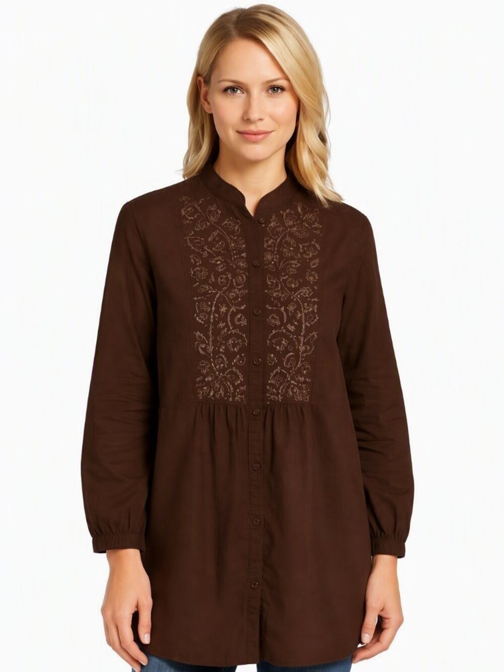 Chico’s Brown Beaded Tunic Top Size 2 (M) | Long Sleeve Button Front Blouse